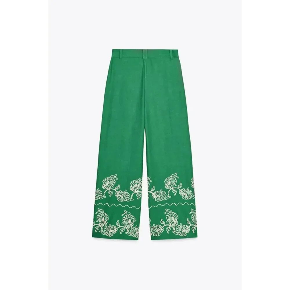 Zara Green White Linen-Blend Embroidered Flat Front Wide Leg Pants (NWT)